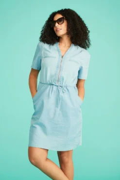 Short Sleeve Chambray Dress With Zip Detail