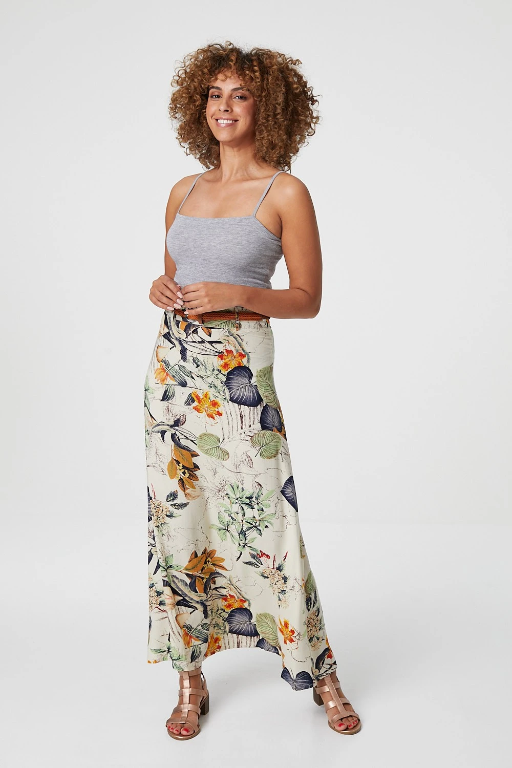 Izabel London – Multi Green Floral A-Line Maxi Skirt With Belt