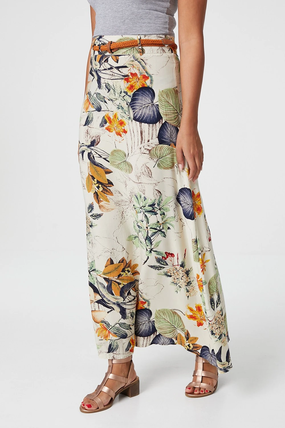Izabel London – Multi Green Floral A-Line Maxi Skirt With Belt - Image 2