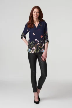 Izabel London – Butterfly Print Collarless Shirt